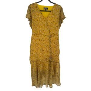 Sam Edelman Yellow Pink Floral Midi Dress Hi Low Short Sleeve Summer Travel